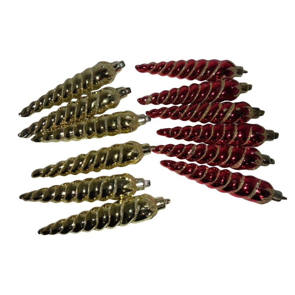 12 Plastic Icicle Ornaments- Gold Red Color